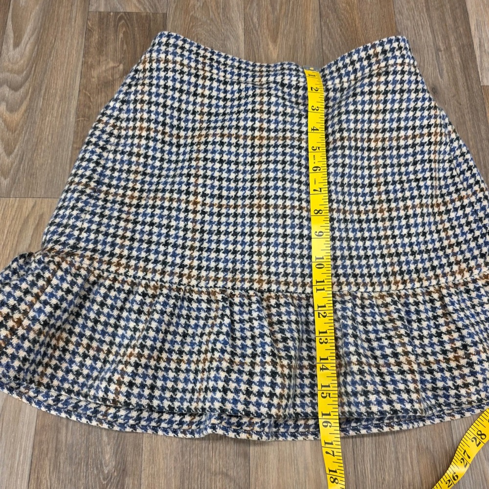 J.Crew Womens 2 Houndstooth Wool Mini Skirt Ruffle Hem Blue Brown Plaid Lined - Picture 10 of 11